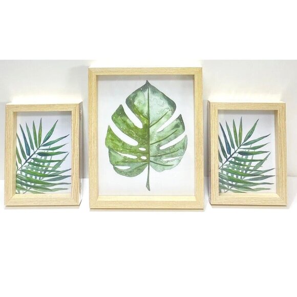 Sealed Set of 3 Leaves Botanical Leaf Minimalist Photo Wooden Frames Art New - Picture 1 of 11